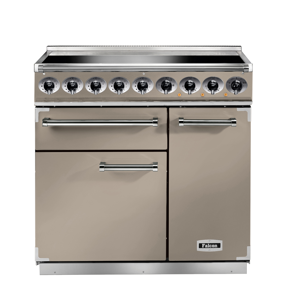 Beiger Falcon Standherd Professional 90 mit Edelstahl-Details, 5 Kochzonen und mehreren Backofentüren