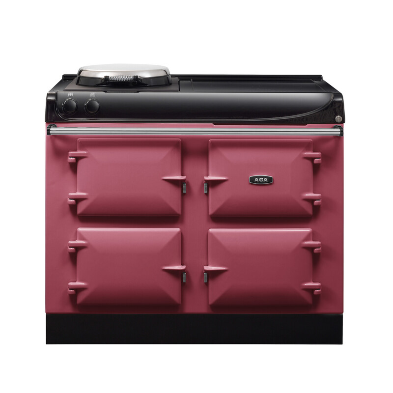 Moderner AGA Standherd in Pink mit vier Backofentüren und schwarzer Kochplatte, geeignet für stilvolle Küchen
