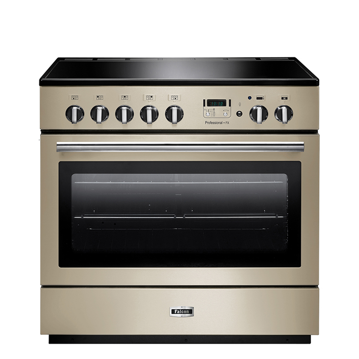 Induktionsherd Falcon Professional+ FX in cremefarbener Ausführung mit großem Sichtfenster und Bedienelementen