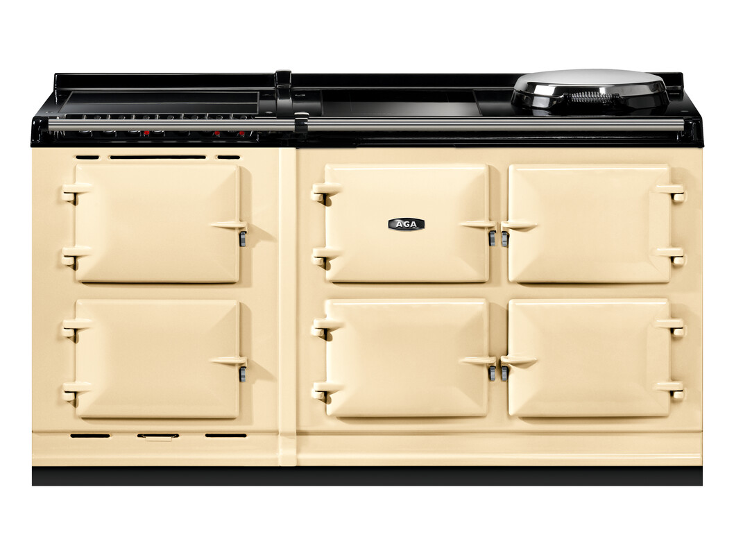 Großer cremefarbener AGA Herd mit sechs Backofenfächern und einer Kochplatte, freistehend für den Einsatz in einer Küche