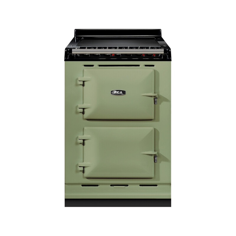 Grüner AGA Standherd mit zwei Backofentüren, klassisches Küchengerät auf weißem Hintergrund