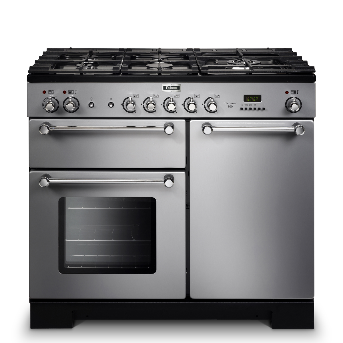Moderner silberner Gasherd Falcon Kitchener 100 mit mehreren Backofentüren, fünf Kochfeldern und Bedienknöpfen