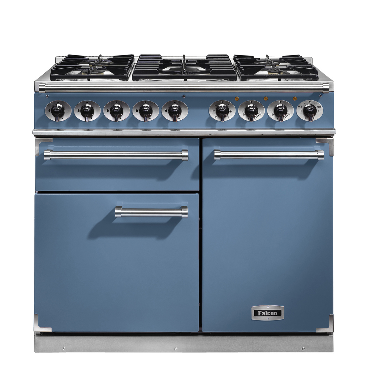 Blauer Falcon Classic Range Cooker mit sechs Gasherdplatten, zwei Backöfen und Edelstahlelementen
