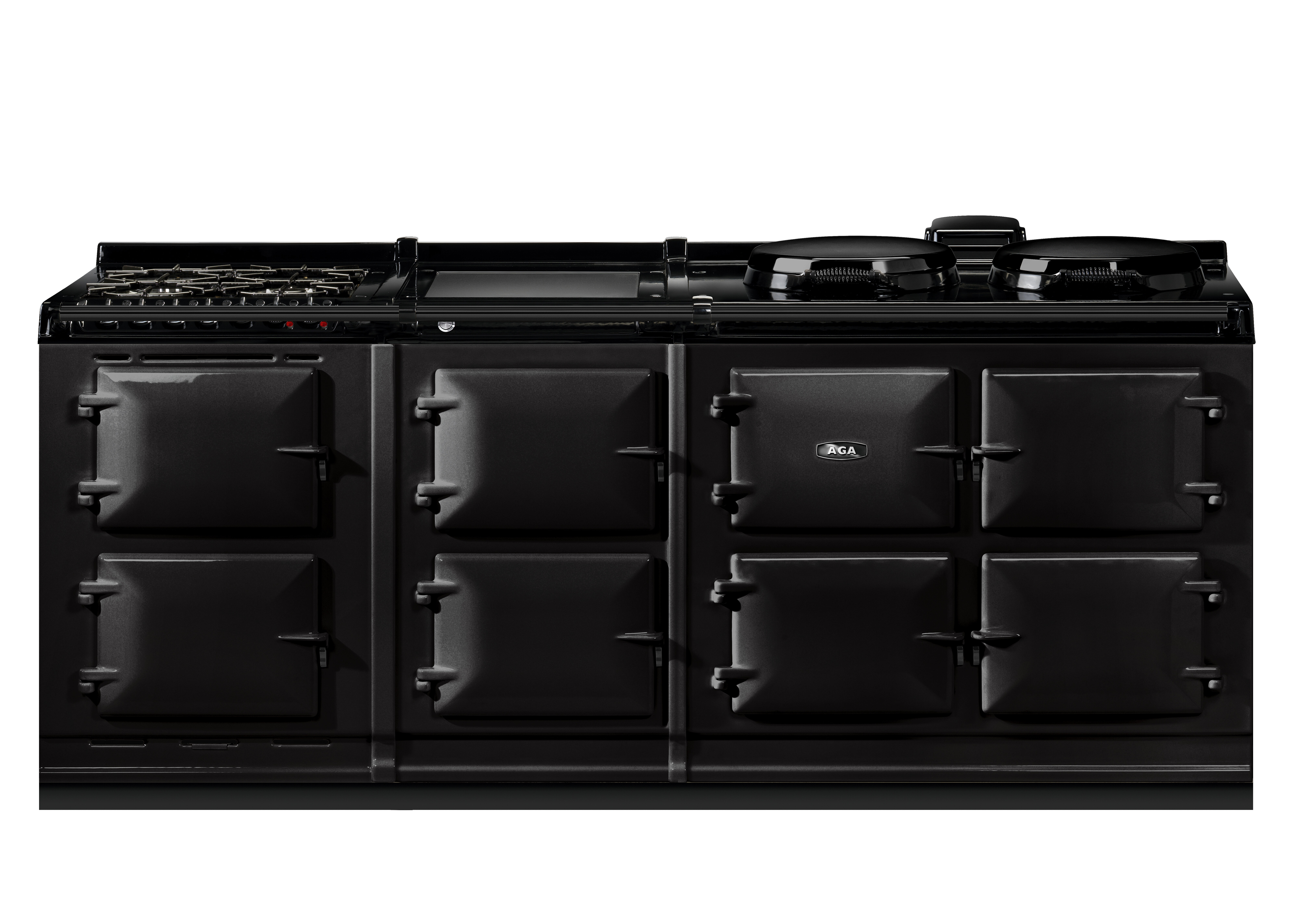 Großer, schwarzer AGA Herd mit vier Backofentüren und Gaskochfeld, geeignet für hochwertige Küchen