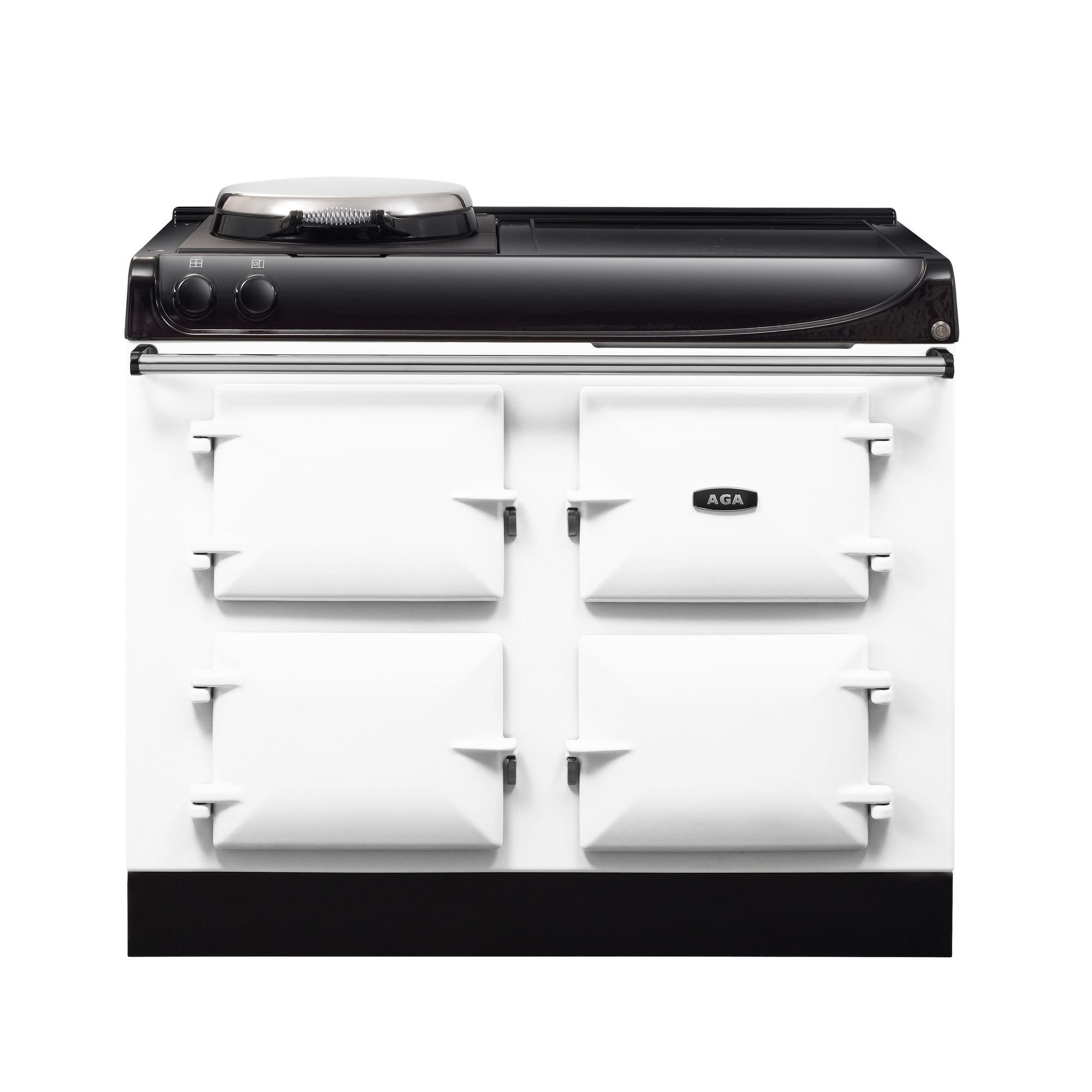 Weißer AGA Herd mit vier separaten Ofentüren und integrierter Kochplatte, ideal für traditionelle Küchen