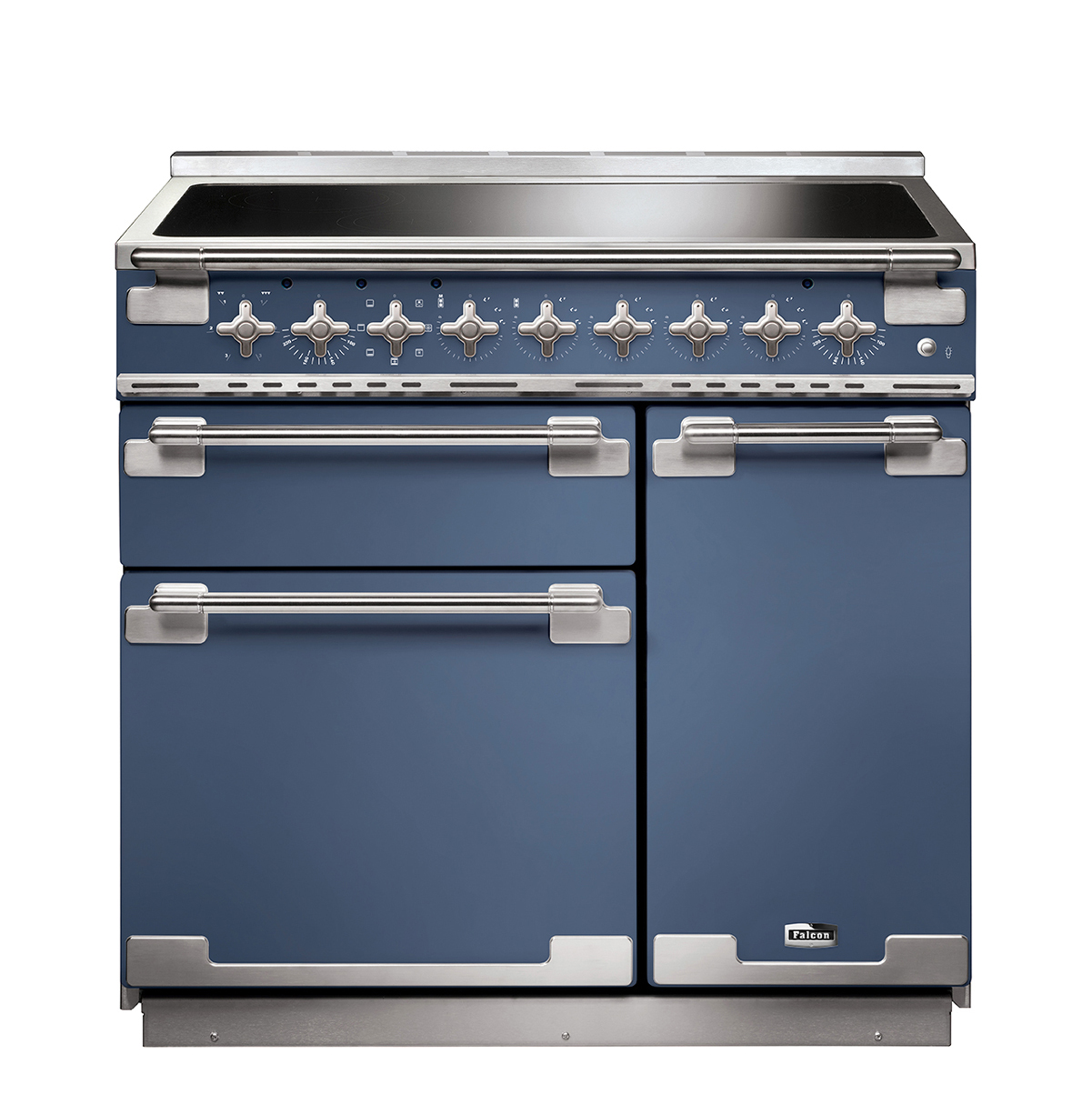 Blauer Falcon Standherd mit mehreren Kochfeldern und Edelstahlgriffen, geeignet für moderne Küchen