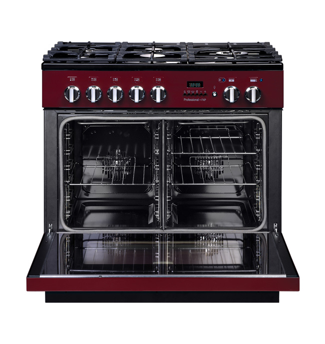 Moderner Gasherd in Rot mit sechs Kochfeldern und offenem Doppelbackofen, ideal für die professionelle Küche