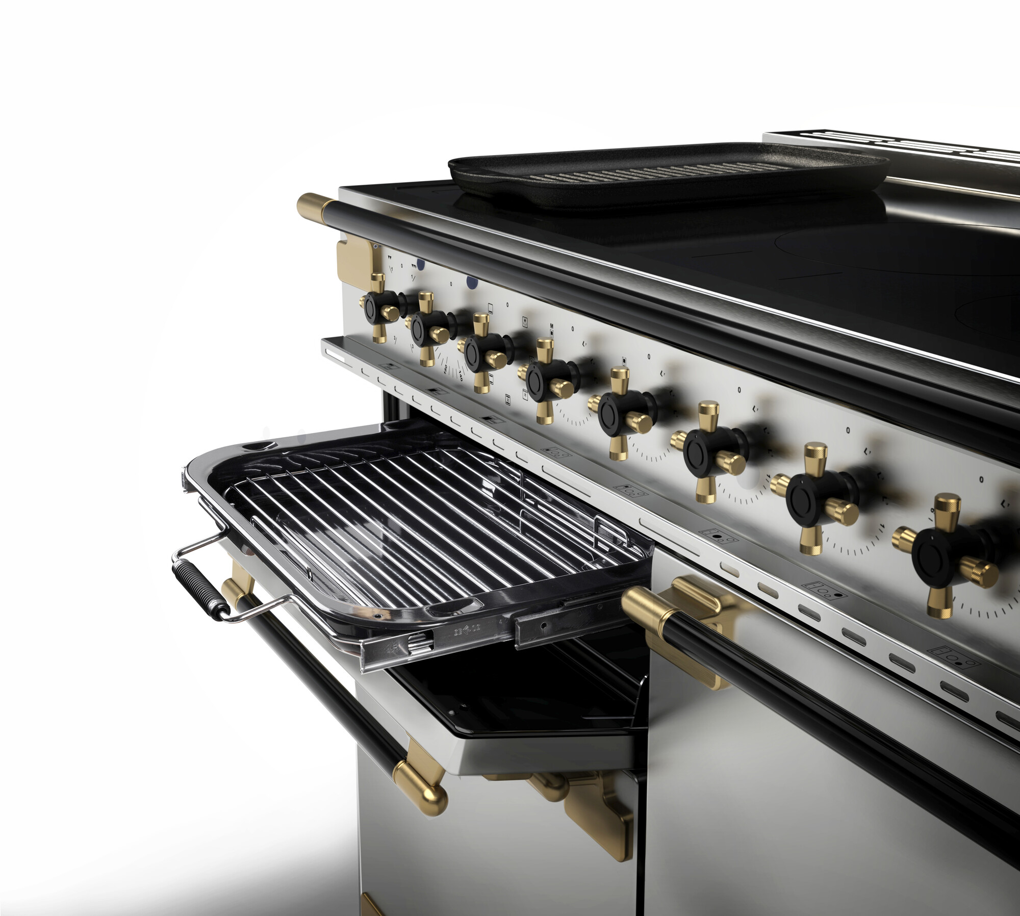 Hochwertiger, moderner Herd mit goldenen Drehknöpfen, offener Backofentür und Grillrost in einer Edelstahloptik