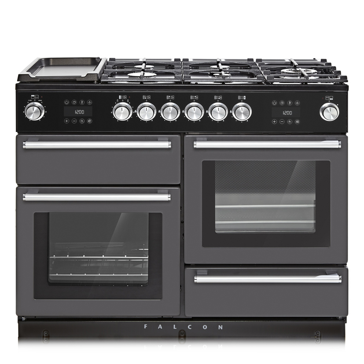 Freistehender Gasherd von Falcon mit sechs Kochfeldern, zwei Backöfen und schwarz-silbernem Design