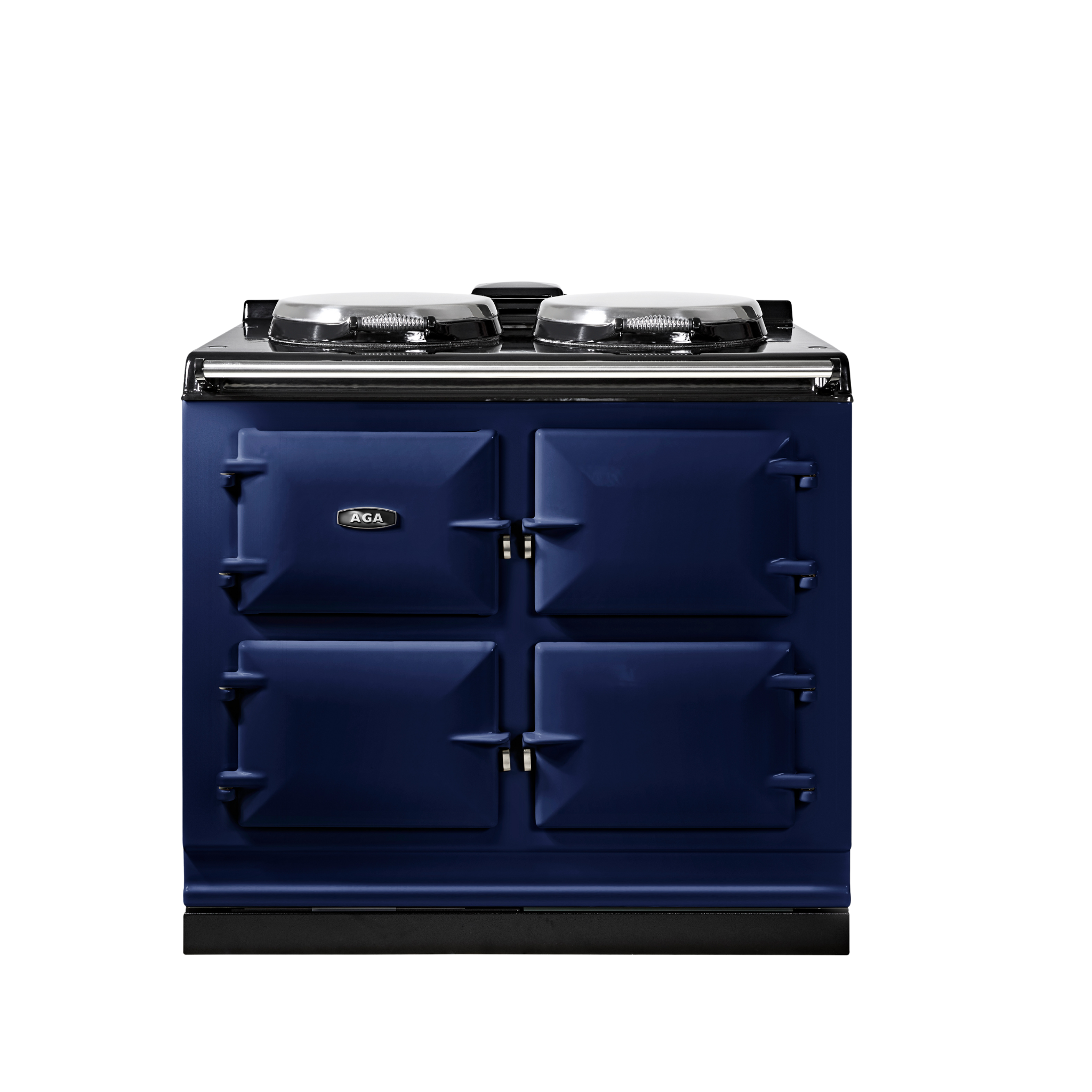 Blauer AGA Herd mit vier Ofentüren und zwei silbernen Kochplatten, klassisches Design für die Küche