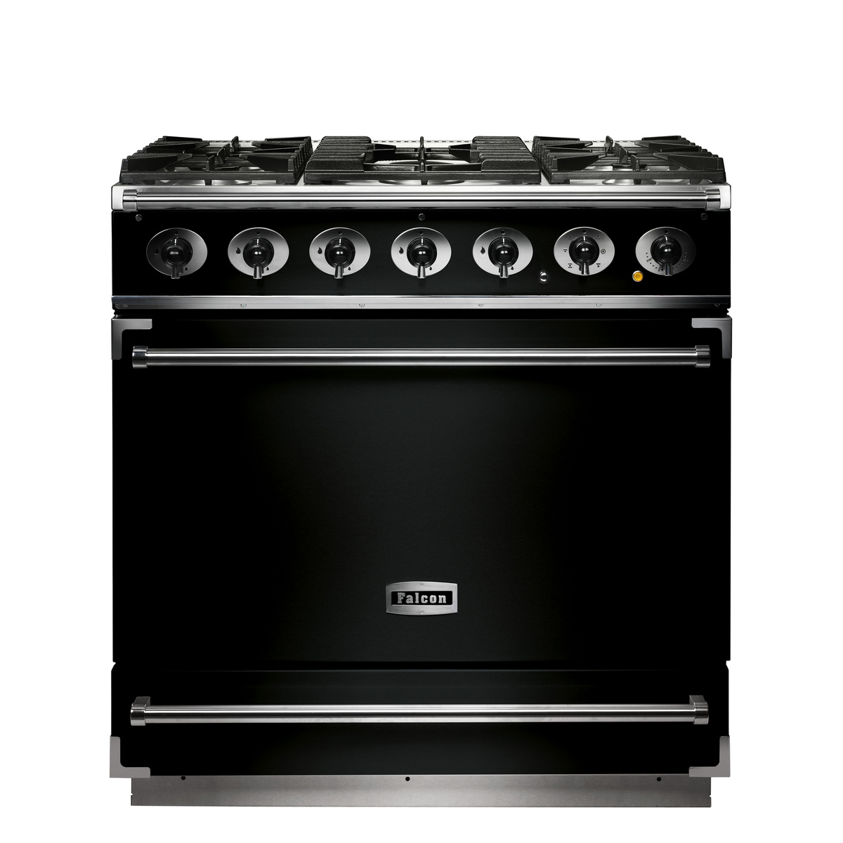 Schwarzer Falcon Standherd mit sechs Gas-Kochfeldern, Edelstahlgriffen und großem Backofen in moderner Optik