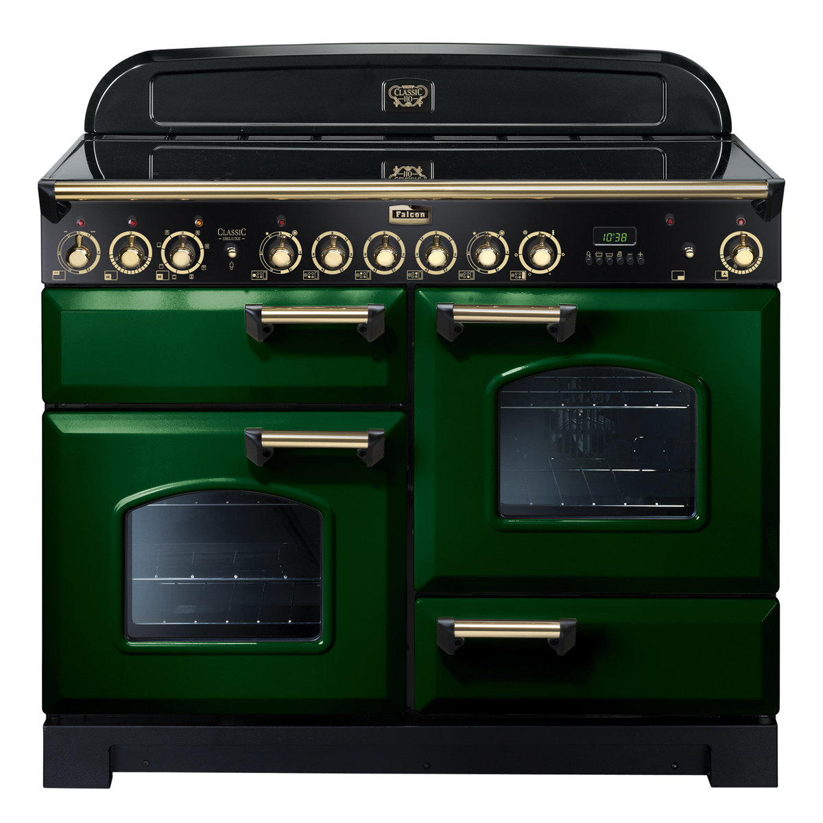 Grüner Falcon Classic Deluxe 110 Induktionsherd mit vier Backöfen, Messinggriffen und moderner Bedienleiste