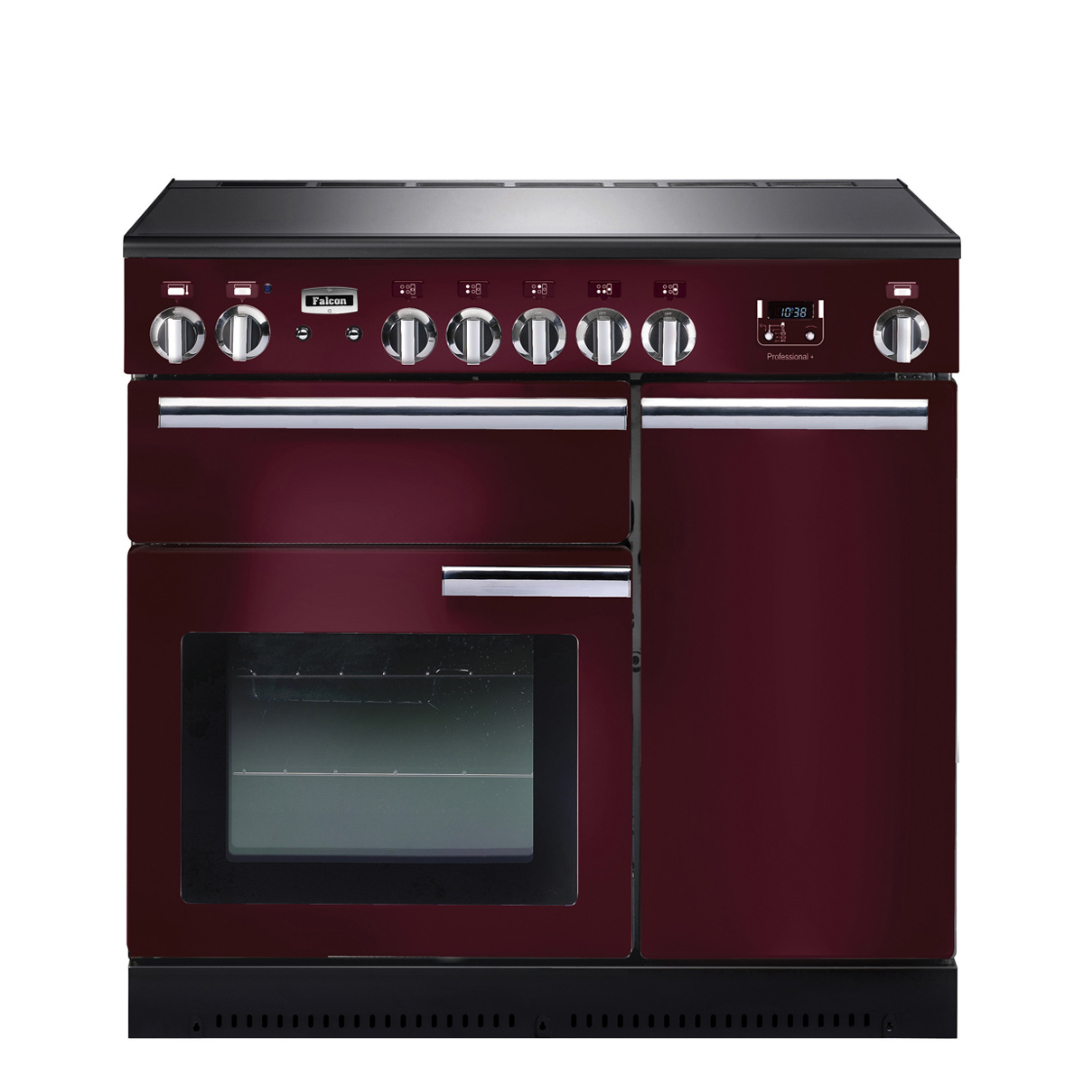 Freistehender Induktionsherd Falcon Professional+ 110 in Bordeaux, mit mehreren Drehknöpfen, großem Backofenfenster und modernen Griffelementen