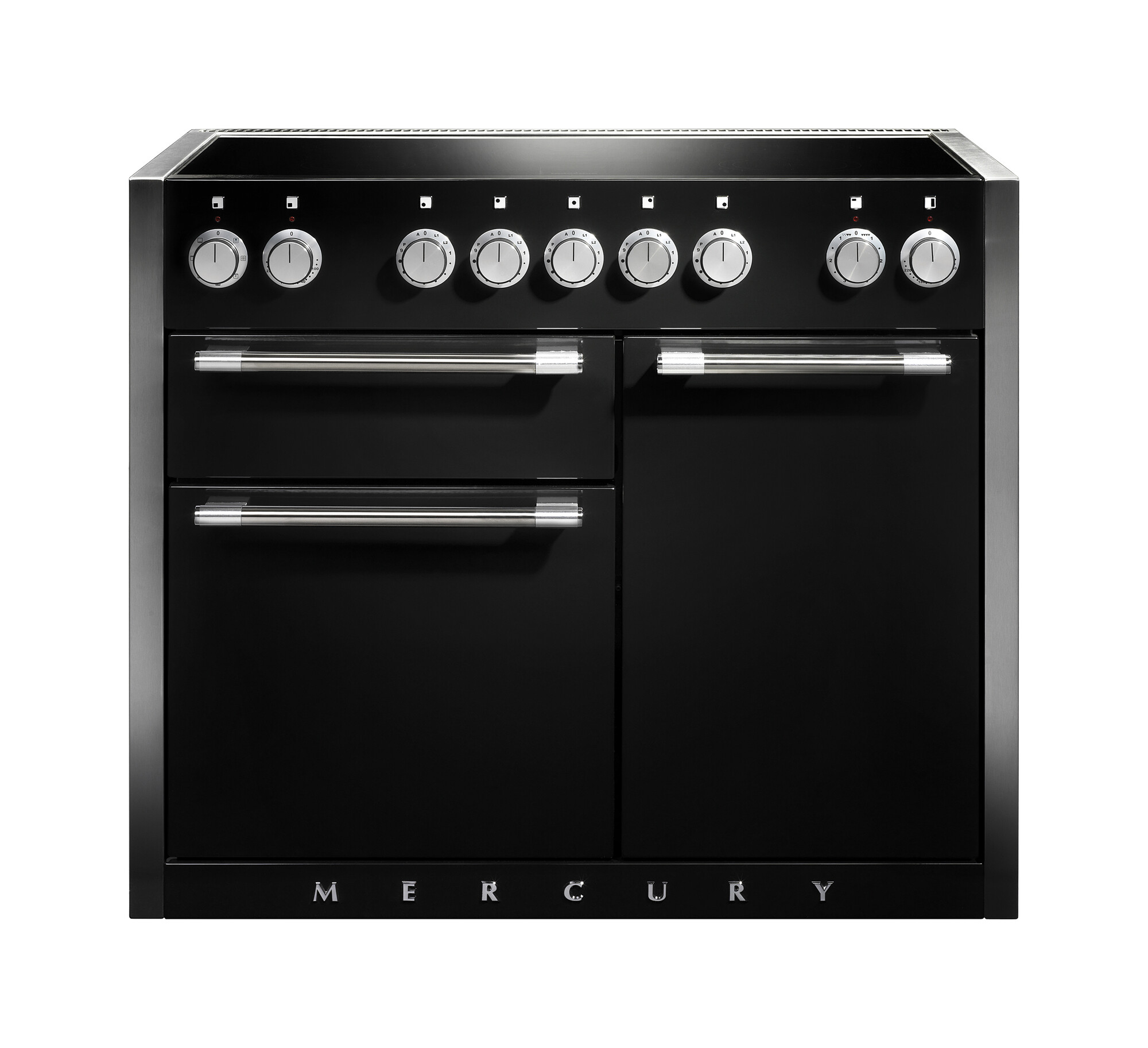 Hochwertiger schwarzer Mercury Herd mit Edelstahlgriffen, mehreren Bedienknöpfen und zwei Backofenbereichen, freistehend