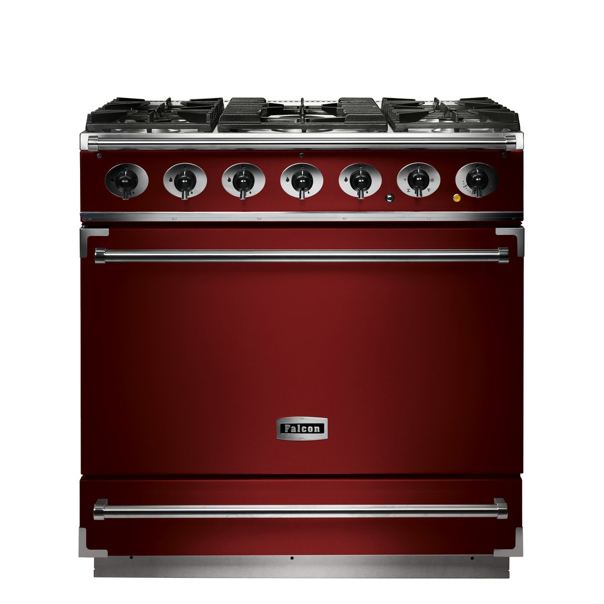 Roter Falcon Gasherd mit sechs Kochfeldern und großem Ofen, ideal für anspruchsvolles Kochen in der modernen Küche