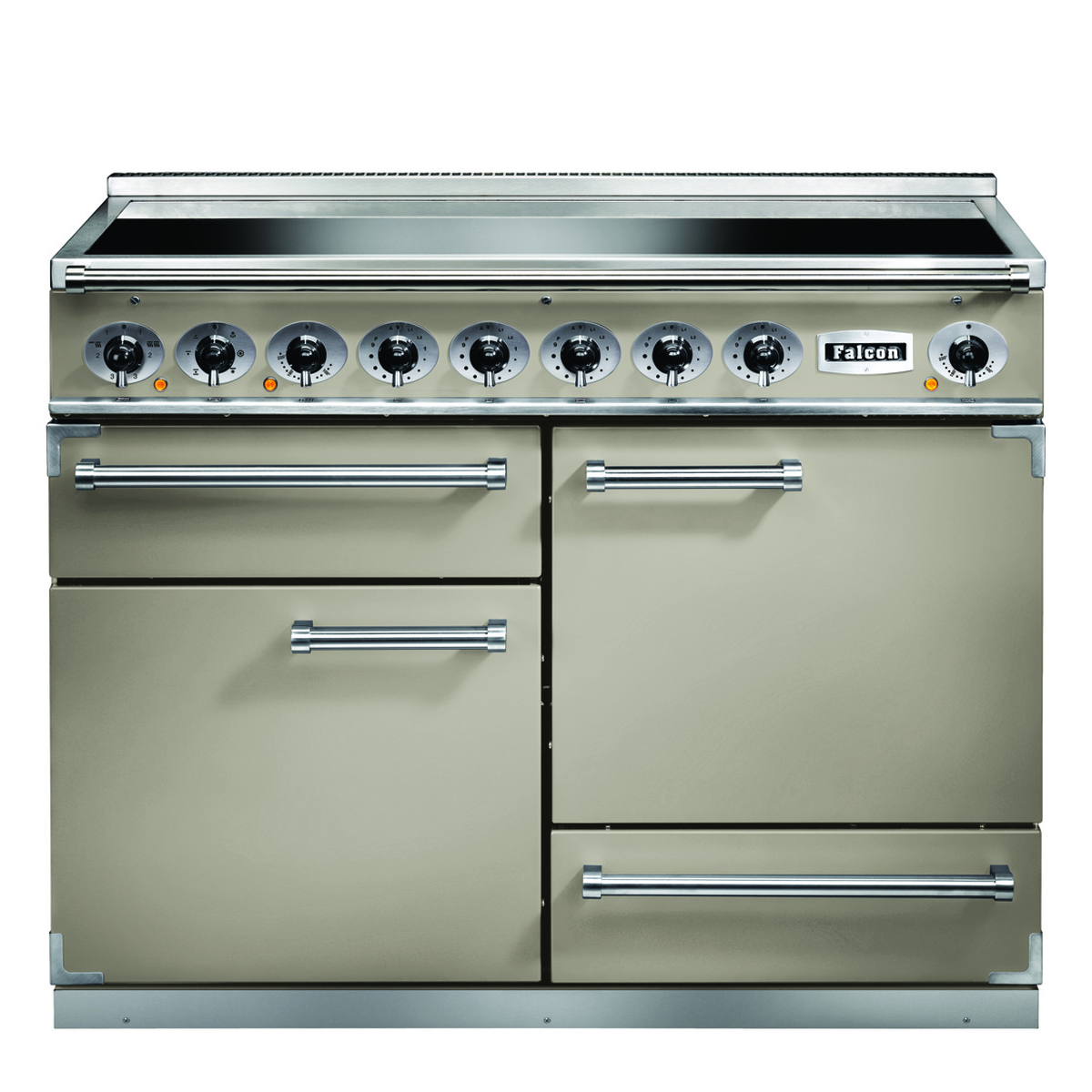 Falcon Standherd mit Induktionskochfeld in Cremefarbe, sieben Drehknöpfen und mehreren Ofenfächern