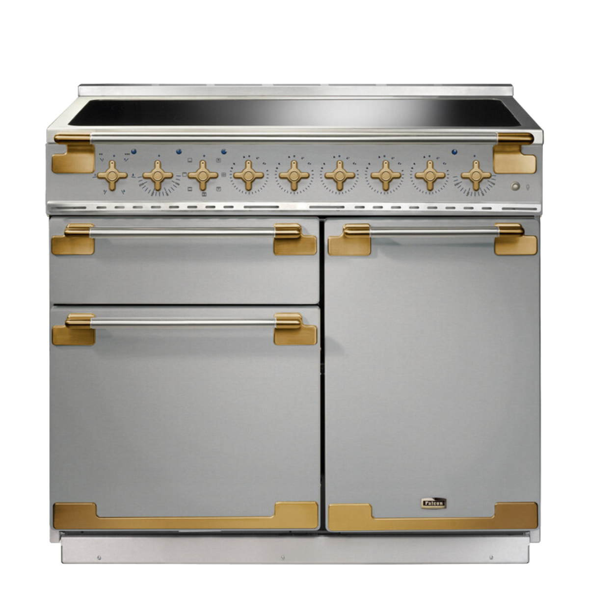 Luxuriöser Standherd aus Edelstahl mit goldfarbenen Details, mehreren Backofenfächern und sieben Drehknöpfen für die Bedienung