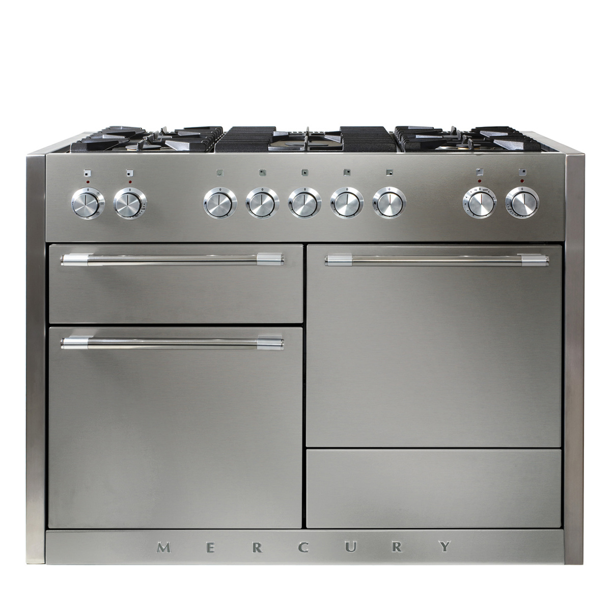 Frontansicht eines modernen Mercury Gasherds aus Edelstahl mit fünf Kochfeldern und mehreren Backofenfächern