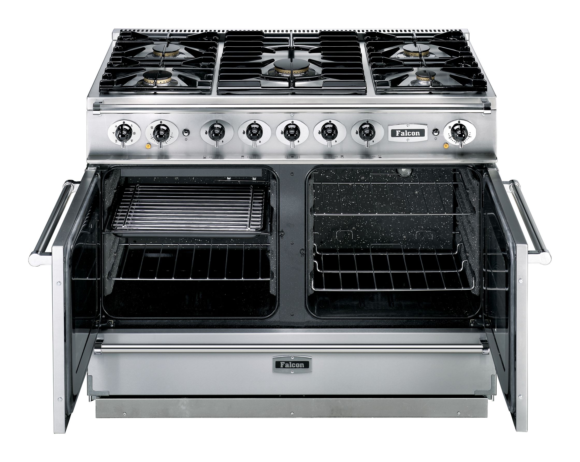 Professioneller Falcon Gasherd mit sechs Kochfeldern und zwei geöffneten Backofentüren, geeignet für große Küchen