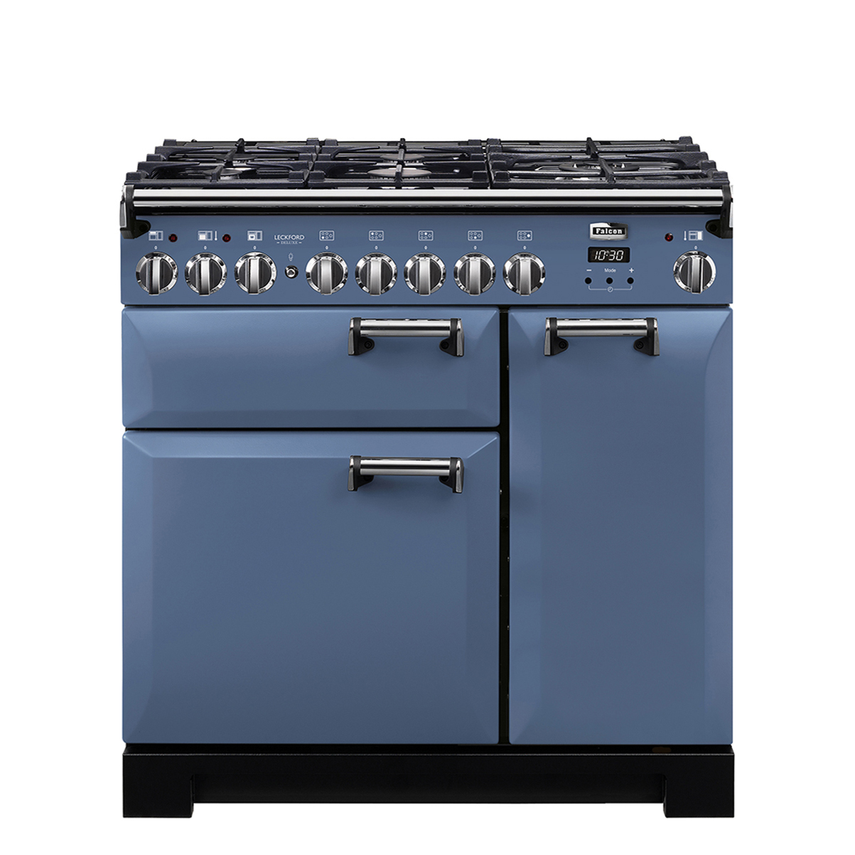 Blauer Standherd von Falcon mit sechs Gaskochfeldern, drei Backofentüren und silbernen Griffen, ideal für moderne Küchen