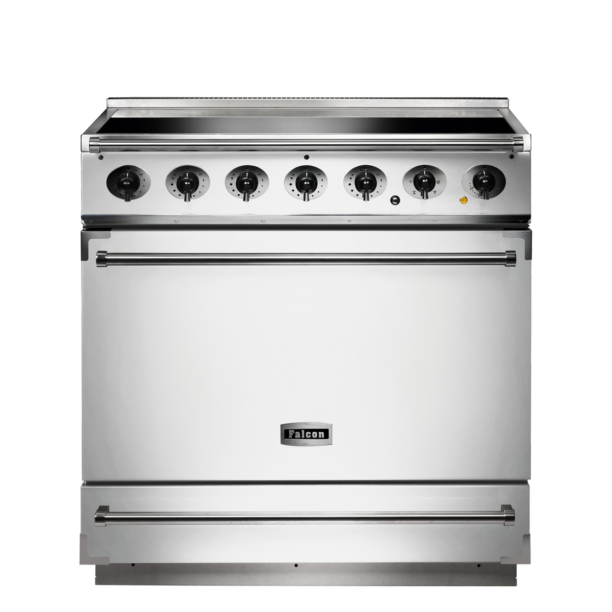 Moderner Falcon Standherd aus Edelstahl mit sechs Drehknöpfen und großem Backofen, frontal abgebildet