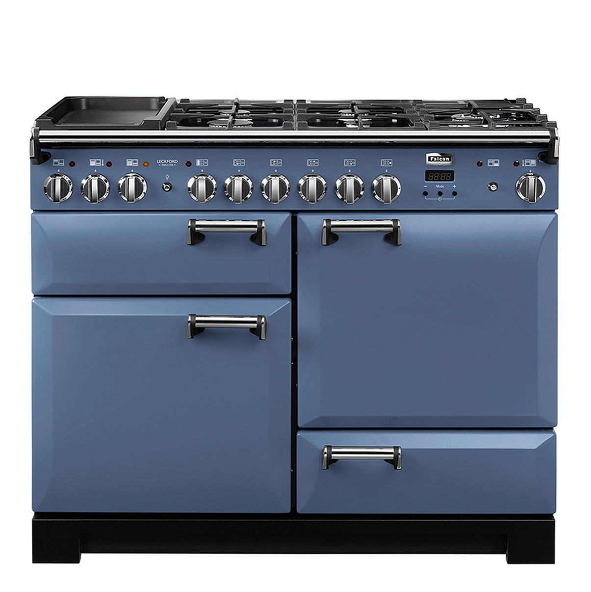 Blauer Falcon Standherd mit mehreren Backöfen und Gas-Kochfeldern, Edelstahlknöpfen und robustem Design