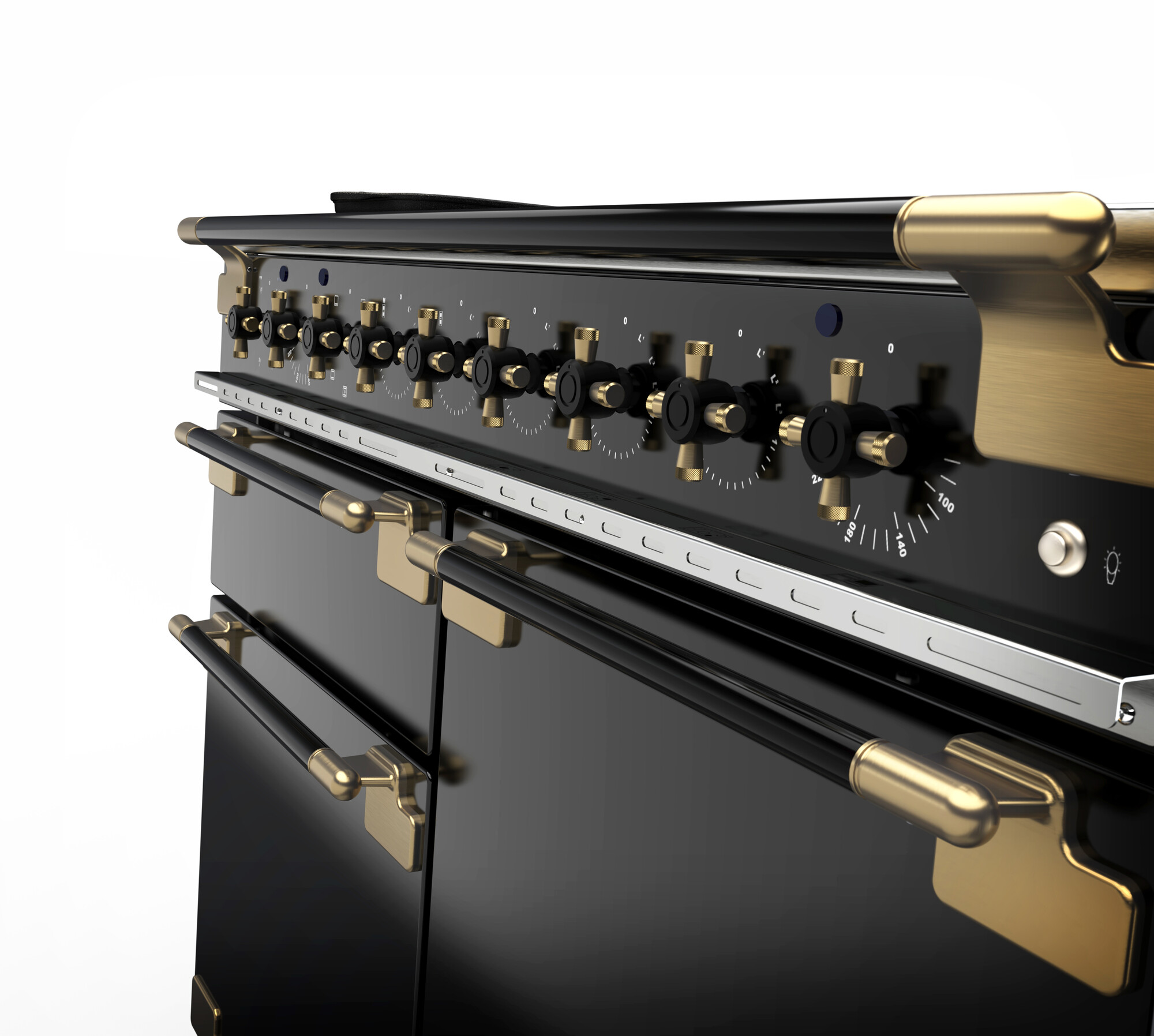 Luxuriöser Backofen in Schwarz mit goldenen Griffen und mehreren Drehreglern, modernes Design für die Küche