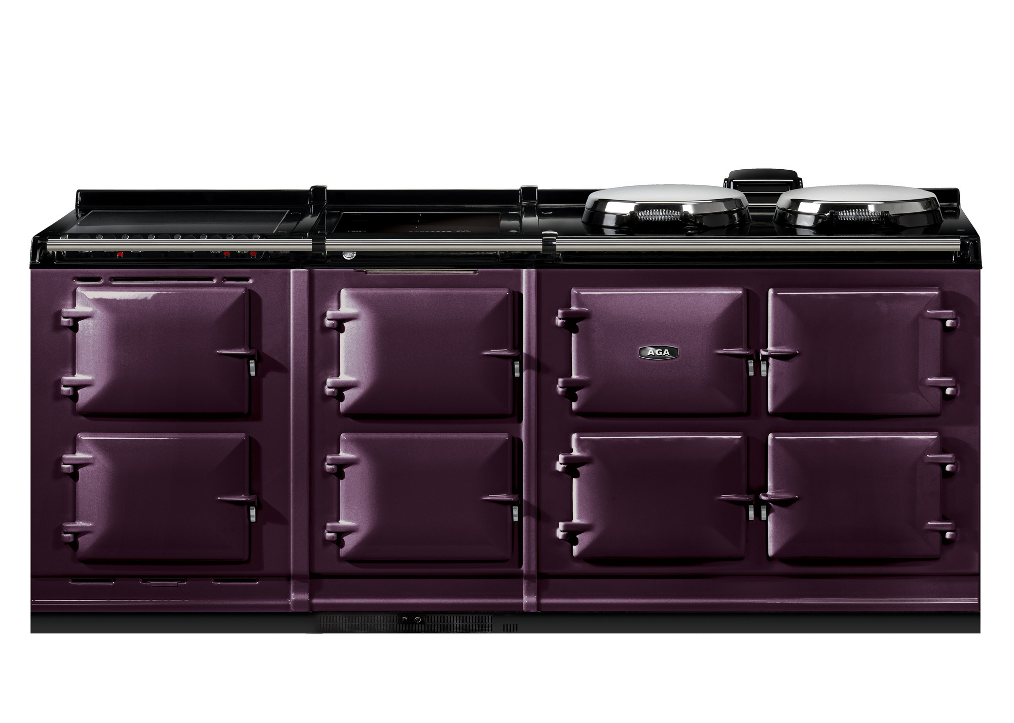 Großer AGA Küchenherd in Aubergine mit mehreren Backofenklappen und Kochplatten, ideal für anspruchsvolle Hobbyköche