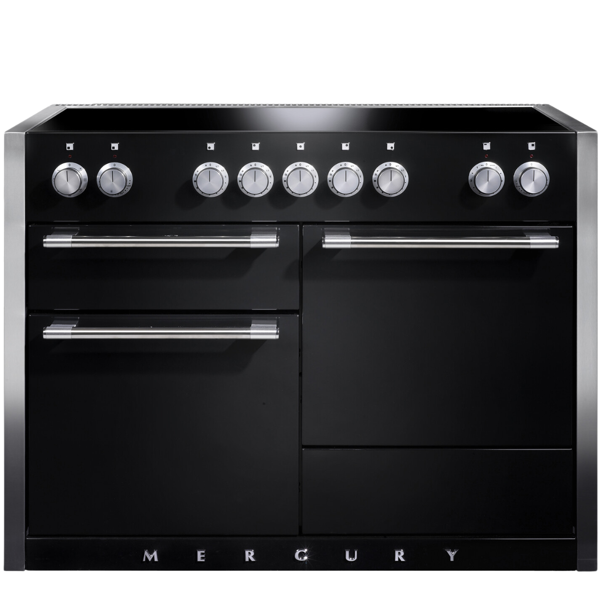 Schwarzer Mercury Standherd mit Edelstahl-Seiten, mehreren Backofentüren und Drehknöpfen für präzise Temperatureinstellung