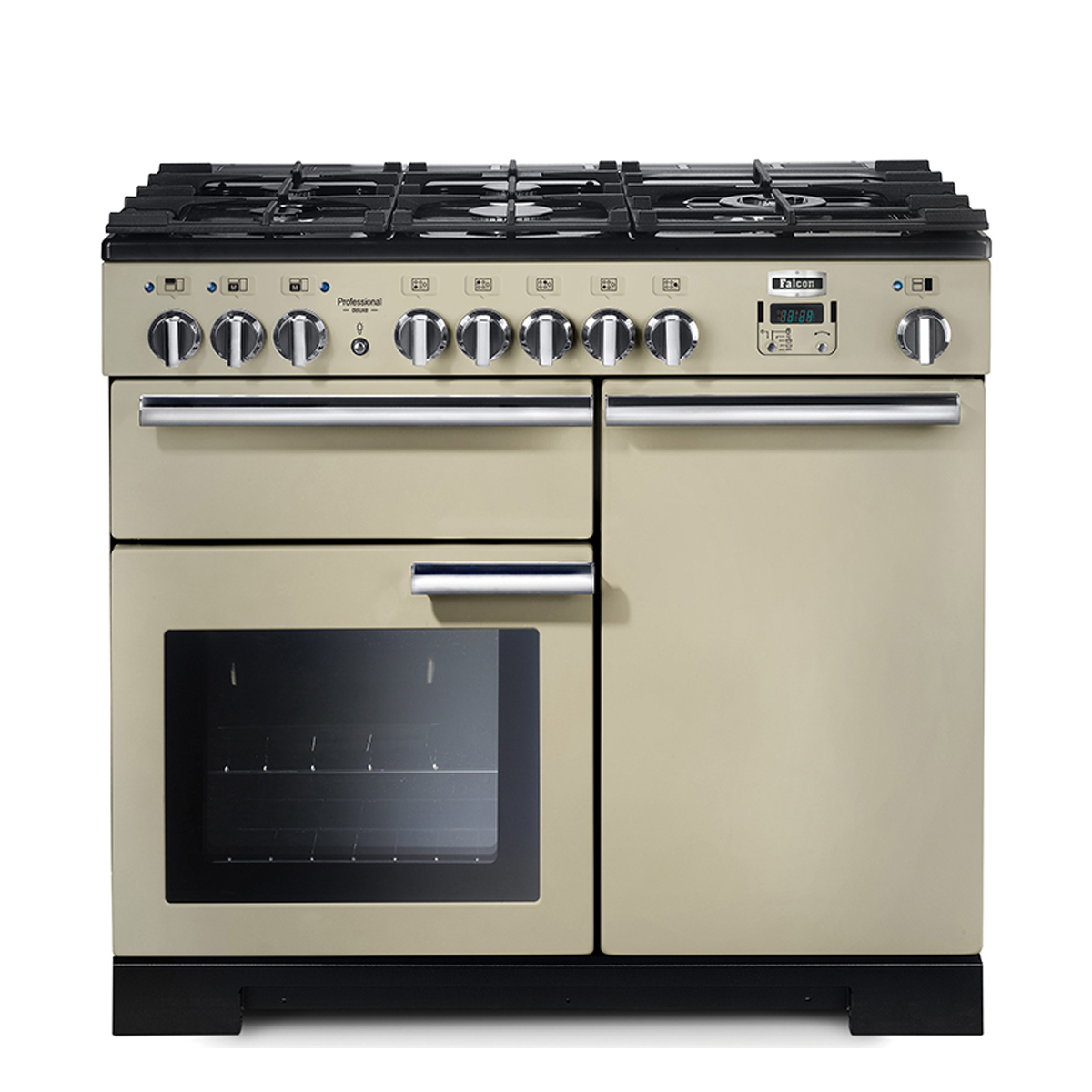 Hochwertiger cremefarbener Gasherd Falcon Professional+ mit mehreren Kochfeldern, zwei Backofentüren und modernen Edelstahlgriffen.