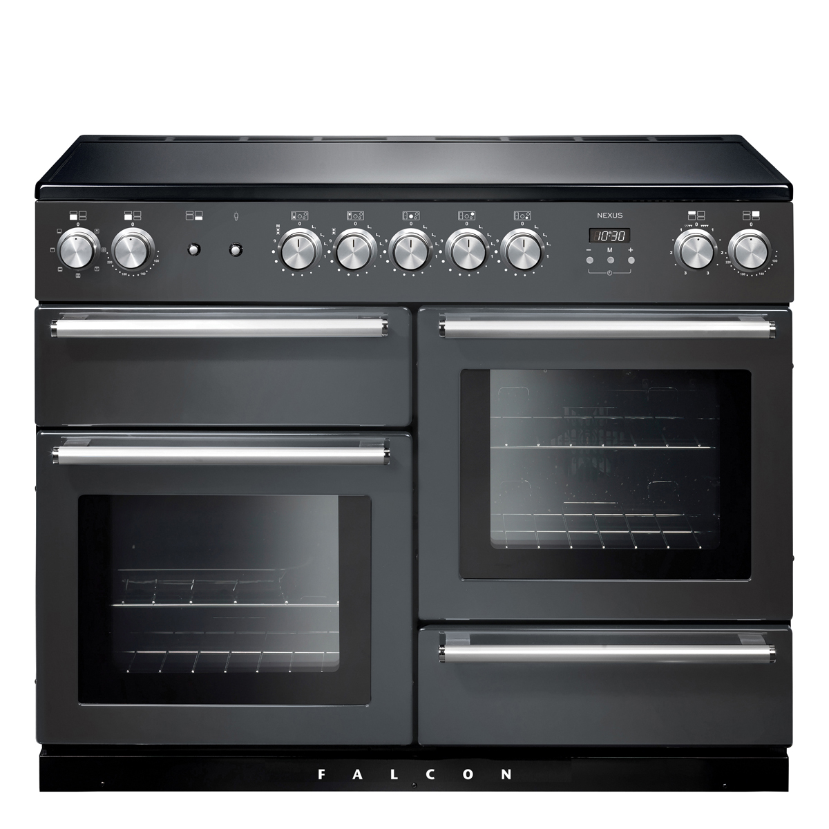 Schwarzer Falcon Nexus Range Cooker mit vier Backofenklappen, Bedienknöpfen und digitaler Anzeige, freistehend