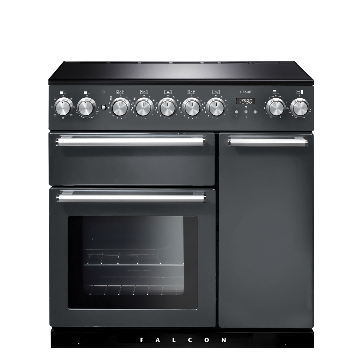 Schwarzer Falcon Nexus Standherd mit mehreren Backöfen, Glastür und silbernen Bedienknöpfen, freistehend